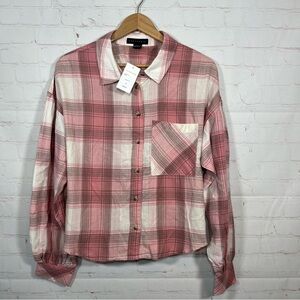Sanctuary Bianca Plaid Flannel Shirt Womens Large Pink Cropped Casual NWT